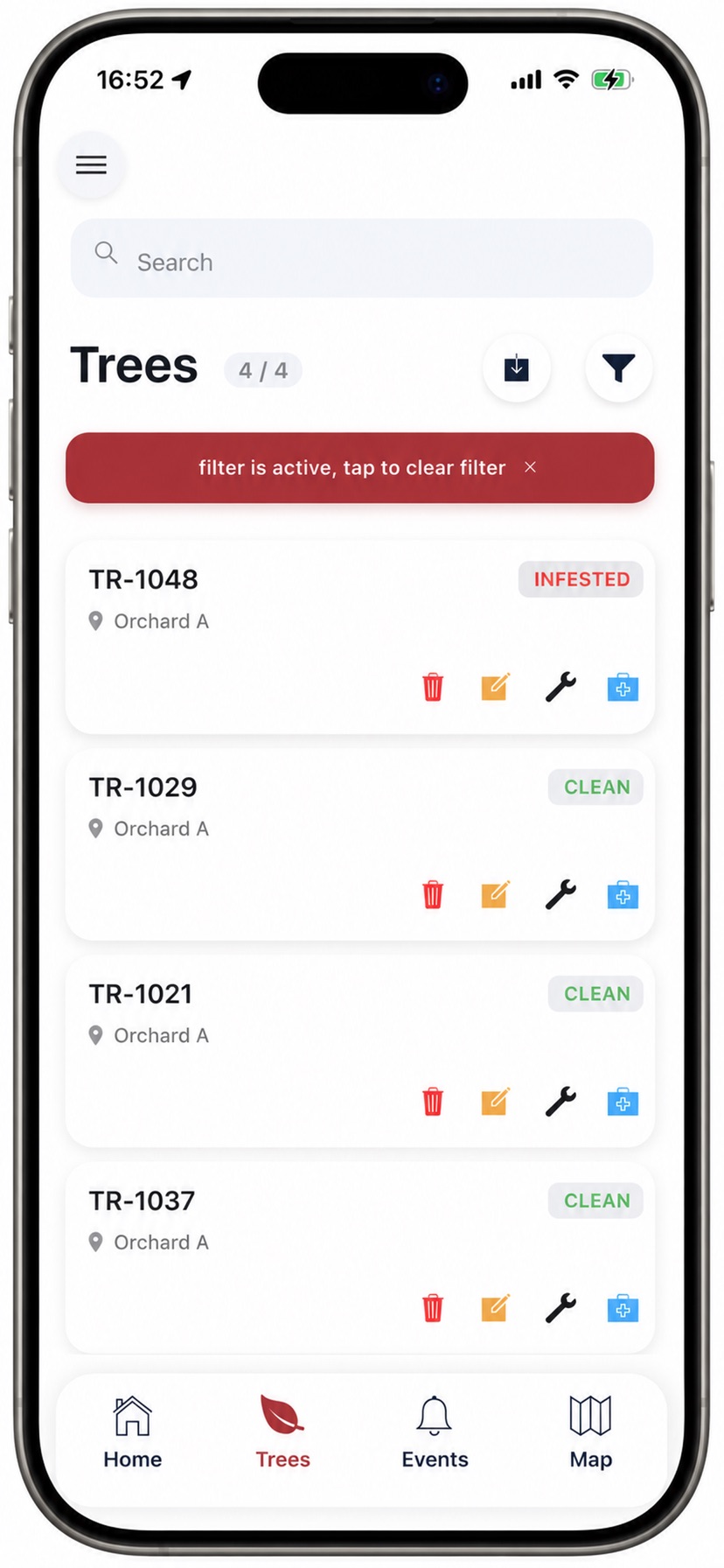 FarmX App tree list screenshot